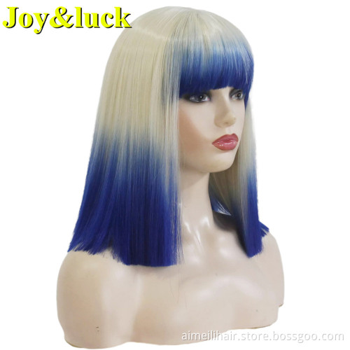 Wholesale Price Short Wig With Bangs Natural Straight Blonde Ombre Green Costume Party Halloween Day Cosplay Synthetic Wigs